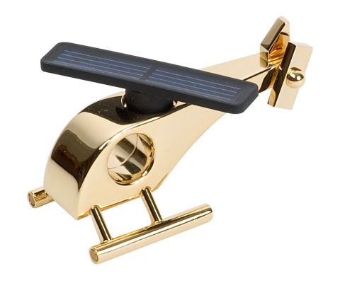 Gold-plated miniature helicopter model with solar powered rotor blades. 10 year warranty on solar panel. Made in Germany.